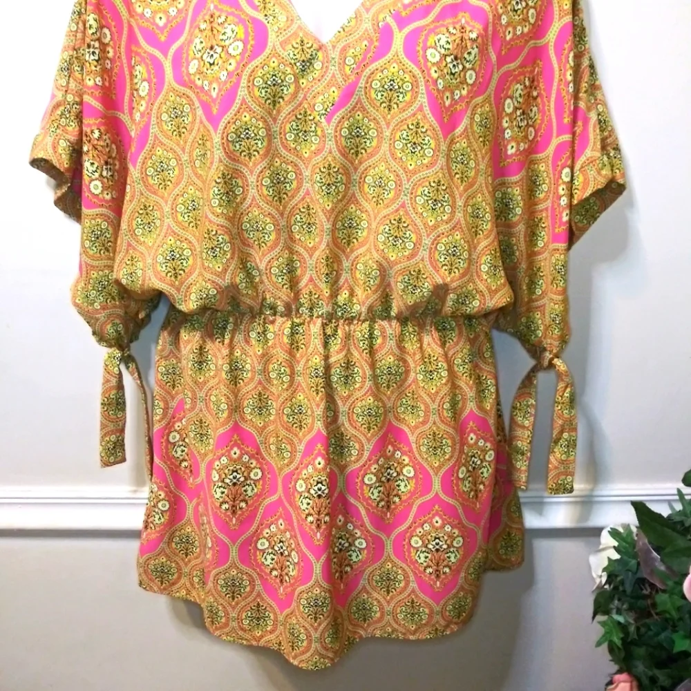 Moss Hot Pink & Lime Floral Boho Mini Dress/Swim Cover - Picture 3 of 8